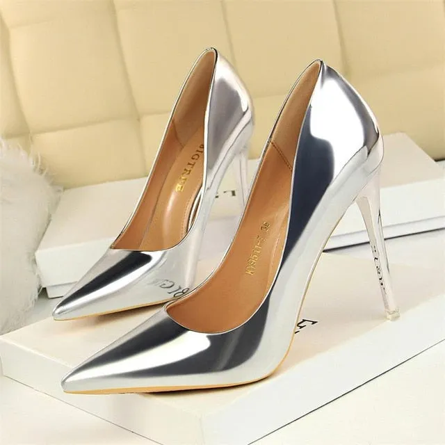BIGTREE Patent Leather Thin Heels Office Shoes  Women Shallow Pumps Fashion High Heels Shoes Women Pointed Toe Sexy Shoes