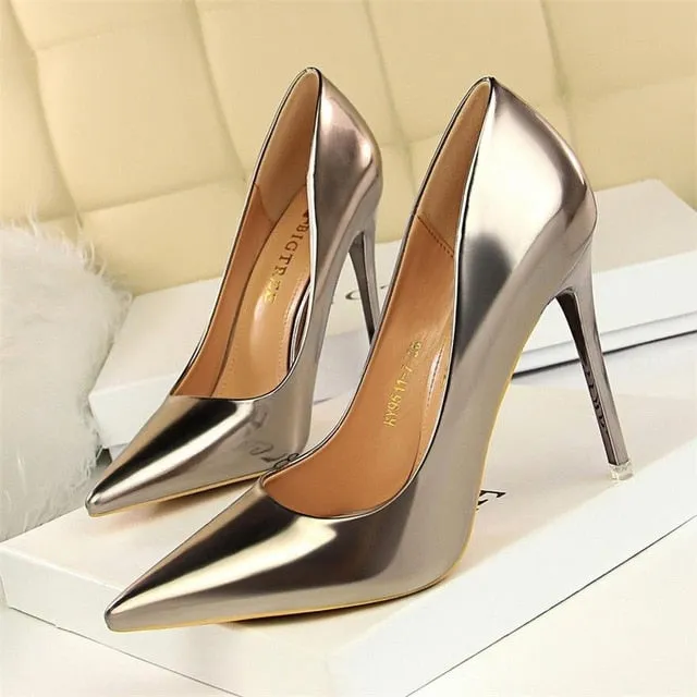 BIGTREE Patent Leather Thin Heels Office Shoes  Women Shallow Pumps Fashion High Heels Shoes Women Pointed Toe Sexy Shoes