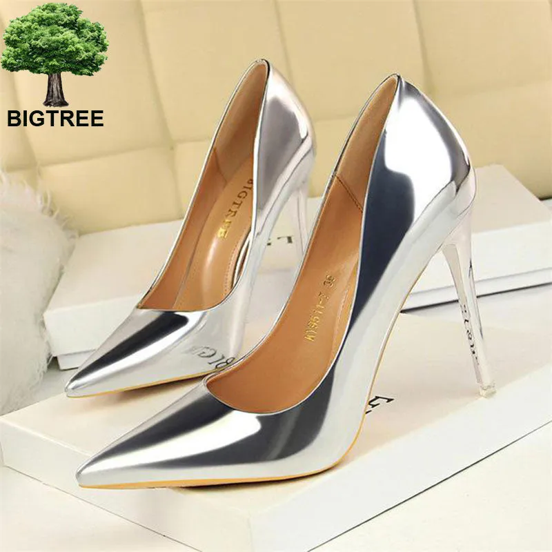 BIGTREE Patent Leather Thin Heels Office Shoes  Women Shallow Pumps Fashion High Heels Shoes Women Pointed Toe Sexy Shoes