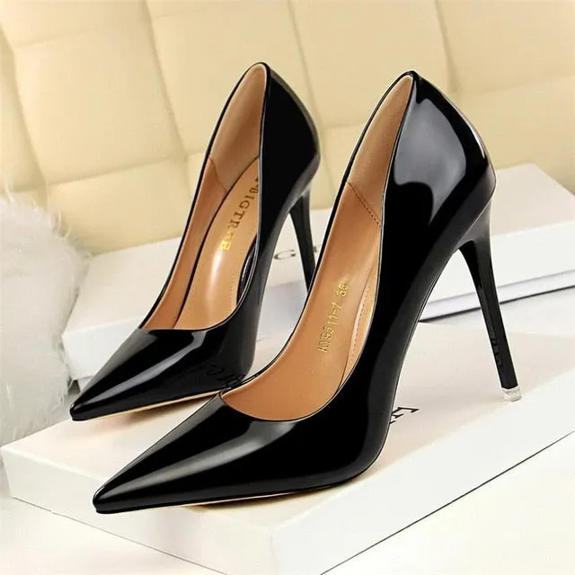 BIGTREE Patent Leather Thin Heels Office Shoes  Women Shallow Pumps Fashion High Heels Shoes Women Pointed Toe Sexy Shoes