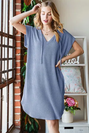 Blue Plus Size Ribbed Short Sleeve Hooded Dress