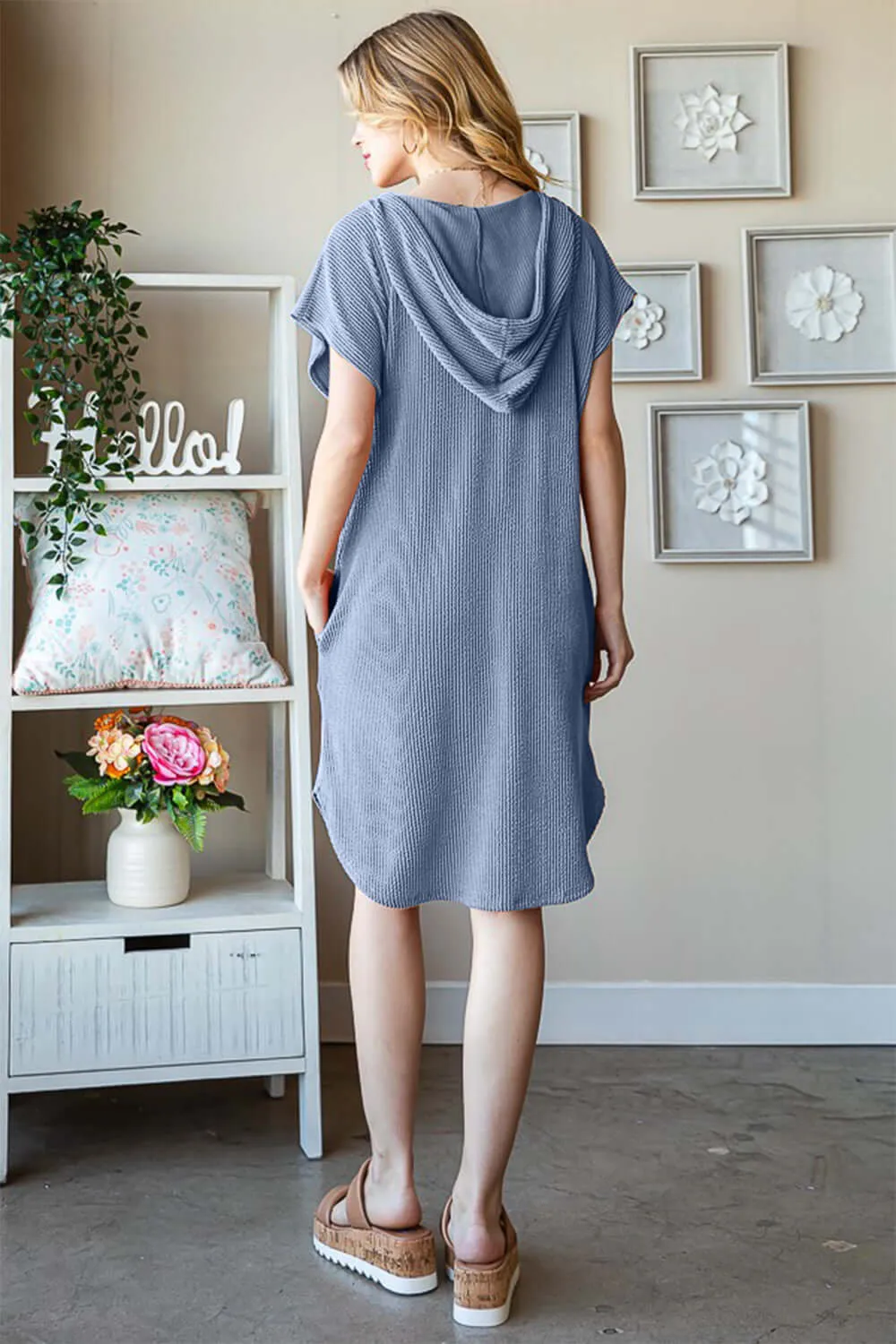 Blue Plus Size Ribbed Short Sleeve Hooded Dress