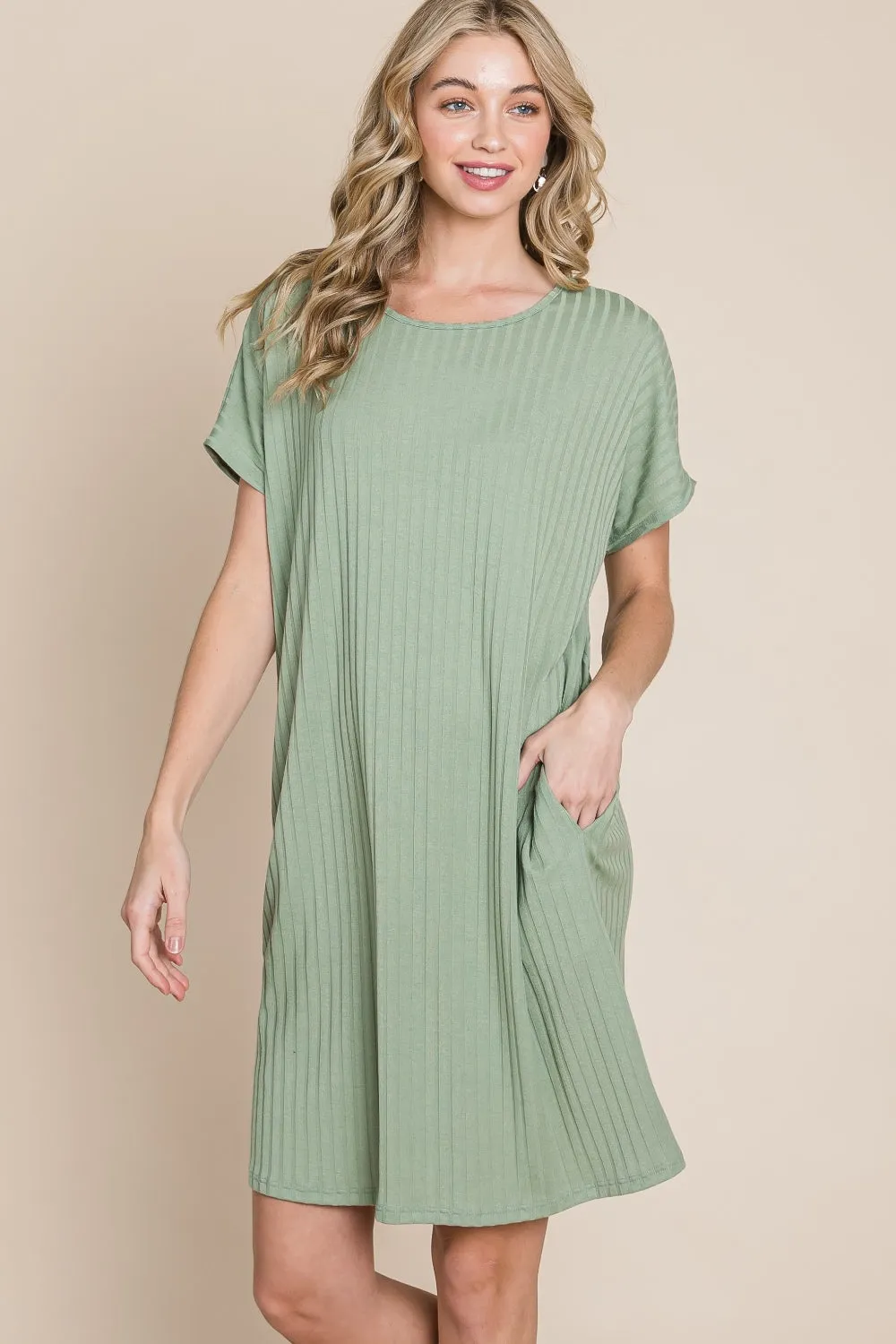 Boho Short Dresses Ribbed Round Neck Short Sleeve Dress BOMBOM