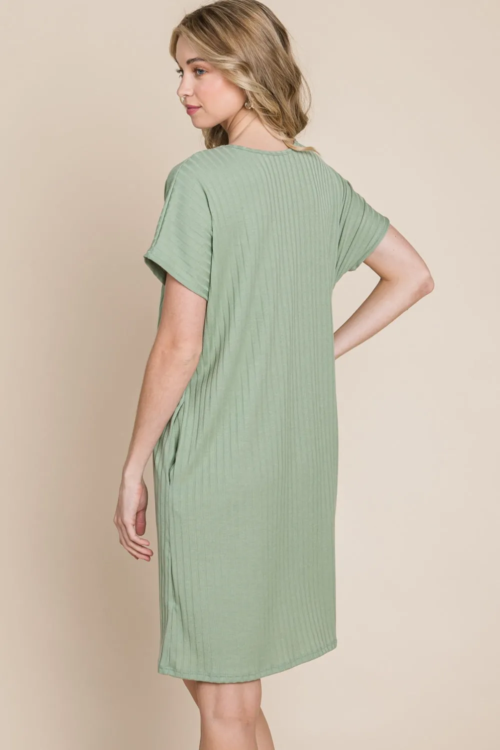 Boho Short Dresses Ribbed Round Neck Short Sleeve Dress BOMBOM