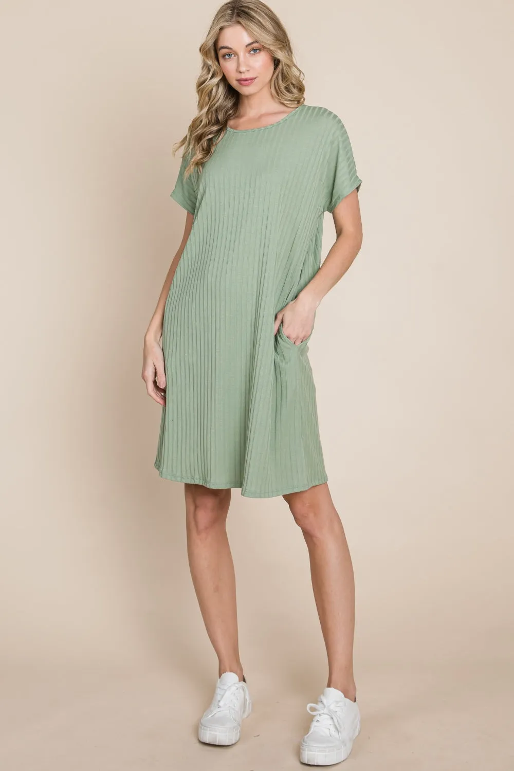 Boho Short Dresses Ribbed Round Neck Short Sleeve Dress BOMBOM