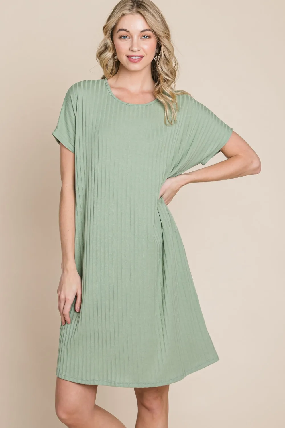 Boho Short Dresses Ribbed Round Neck Short Sleeve Dress BOMBOM