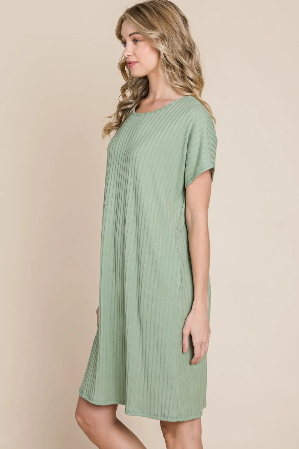 Boho Short Dresses Ribbed Round Neck Short Sleeve Dress BOMBOM