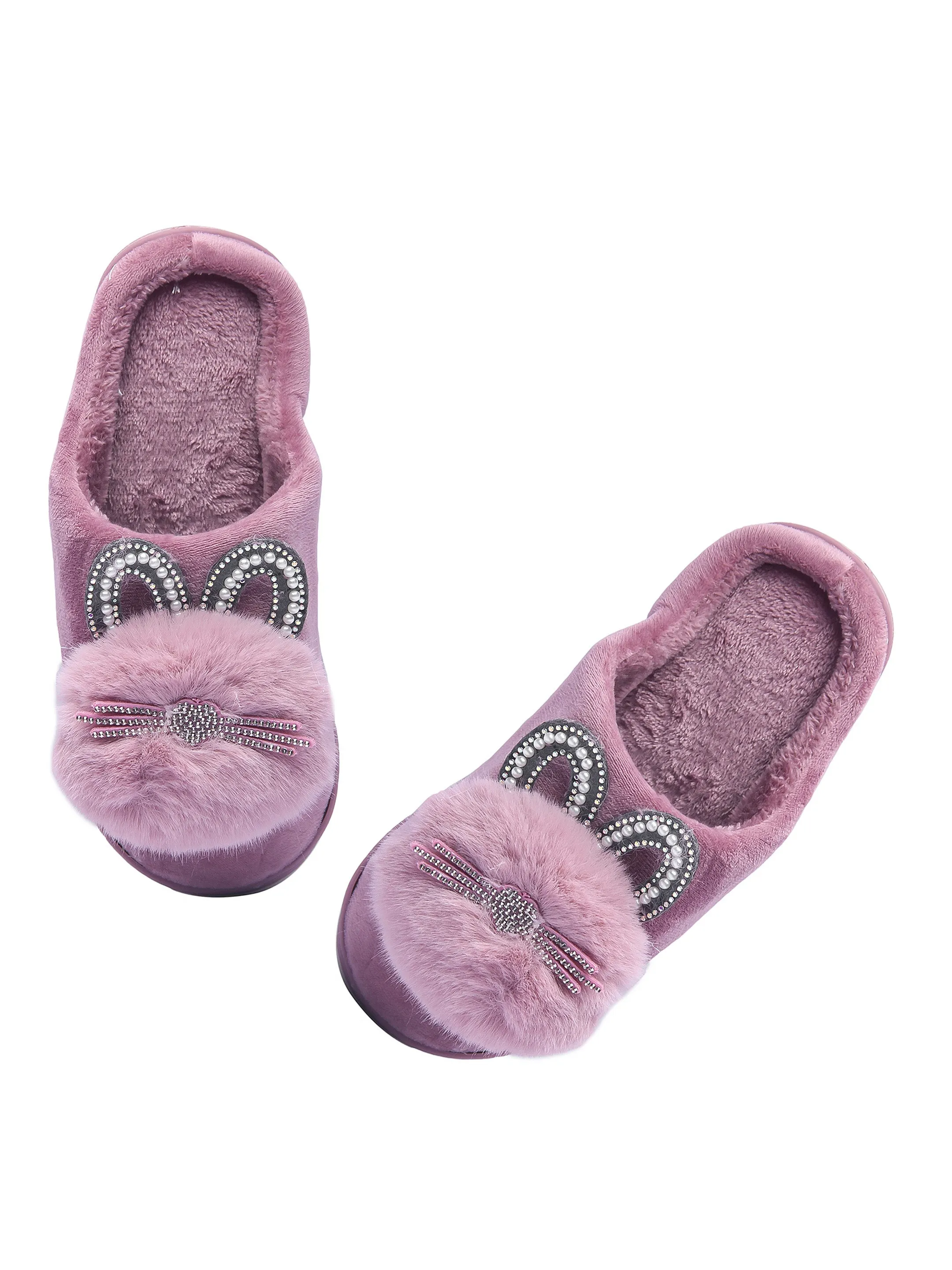 Brauch Women's Purple Pearl Glitter Kitty Winter Slippers