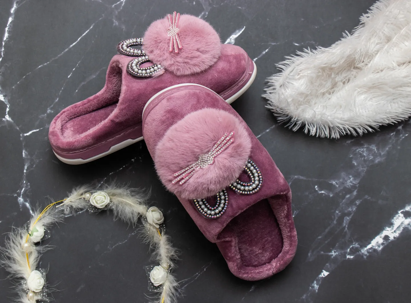 Brauch Women's Purple Pearl Glitter Kitty Winter Slippers