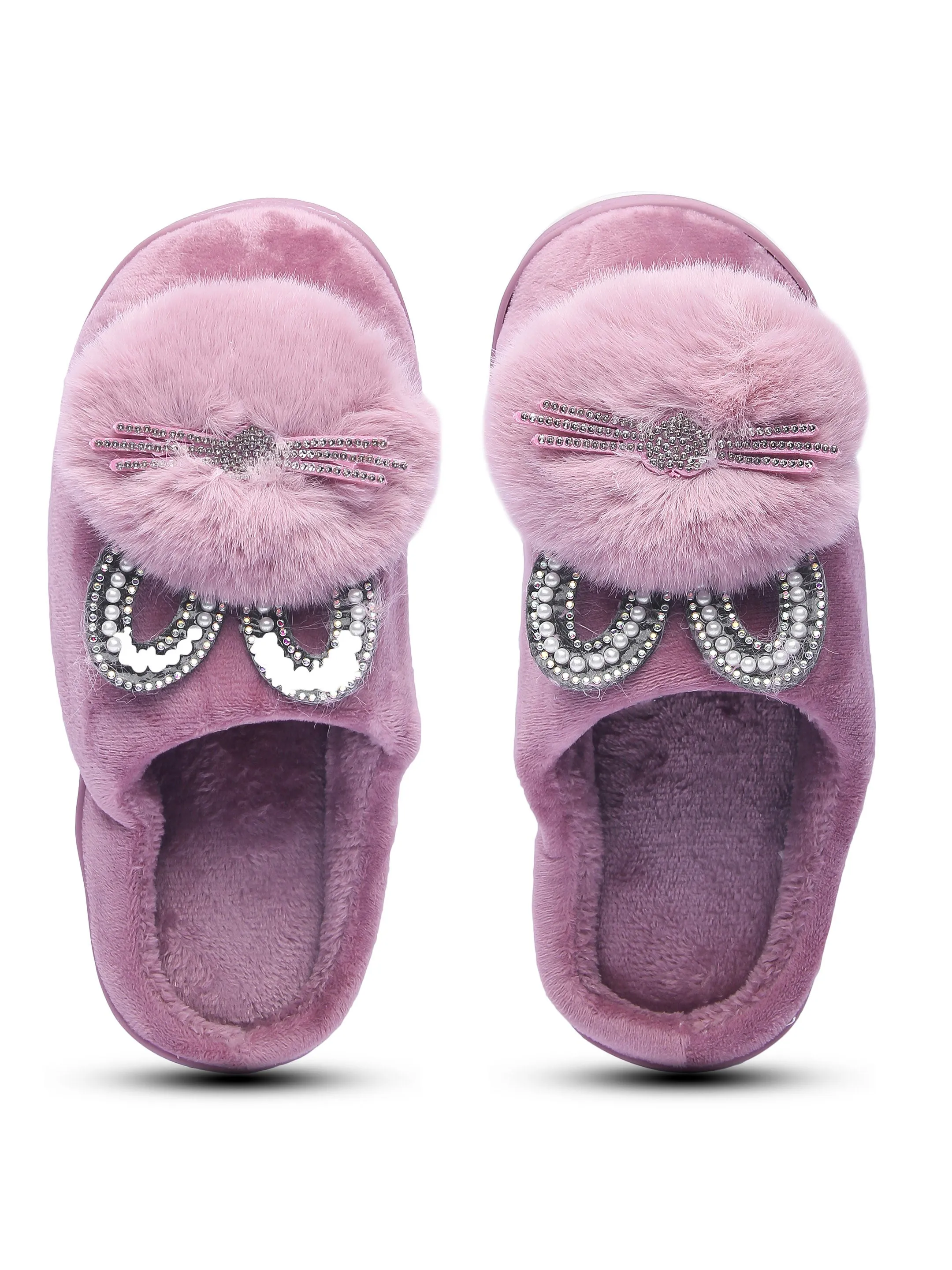 Brauch Women's Purple Pearl Glitter Kitty Winter Slippers