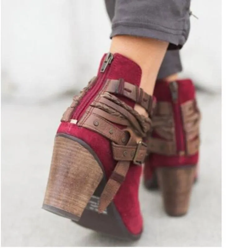 Chicvane New Women's Pointed Toe Zipper Studded Chunky Heel Ankle Boots