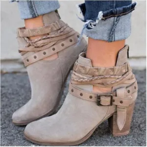 Chicvane New Women's Pointed Toe Zipper Studded Chunky Heel Ankle Boots