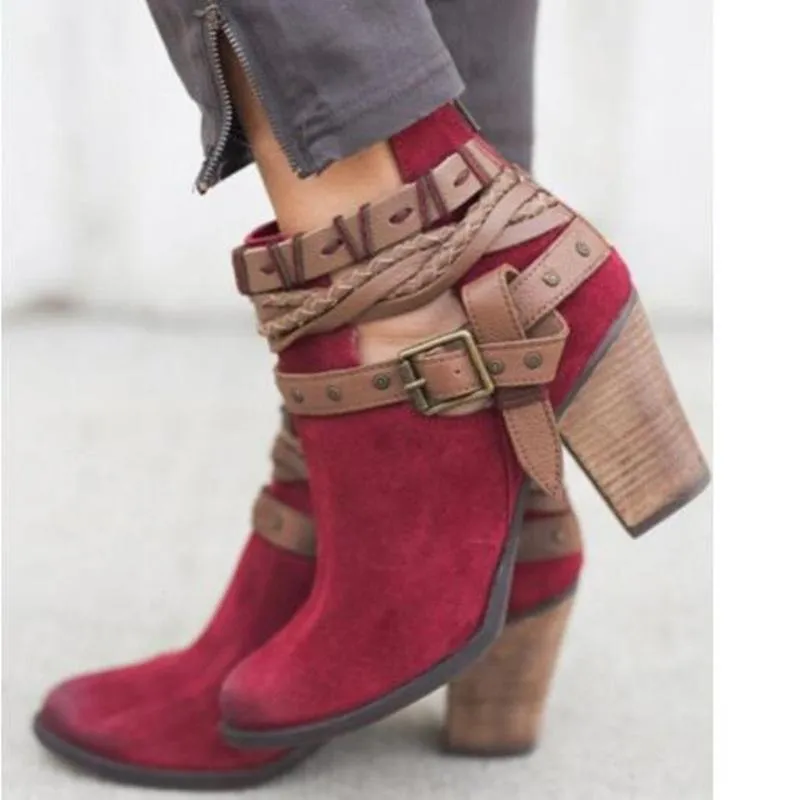 Chicvane New Women's Pointed Toe Zipper Studded Chunky Heel Ankle Boots
