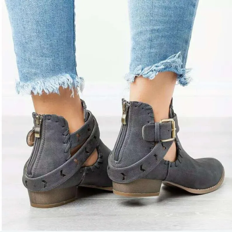 Chicvane New Women's Pointed Toe Zipper Studded Chunky Heel Ankle Boots