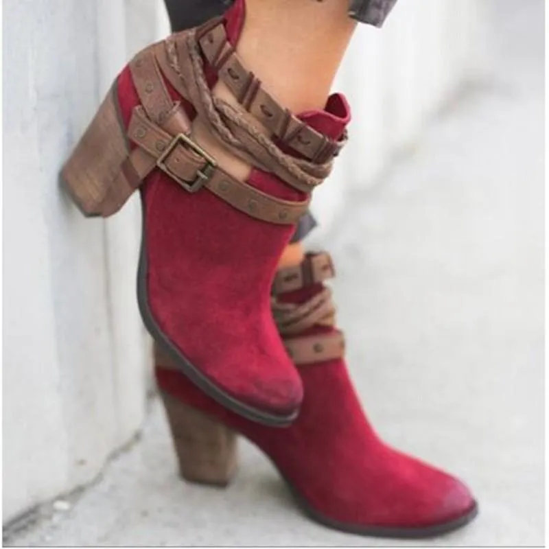 Chicvane New Women's Pointed Toe Zipper Studded Chunky Heel Ankle Boots