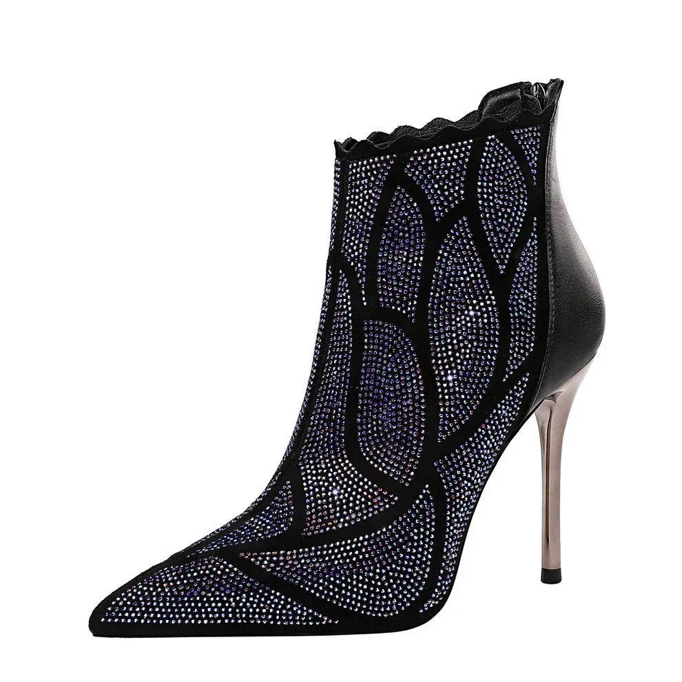 Chicvane Womens Rhinestone  Pointed Toe Metal Stiletto Heel Zipper Closure Ankle Boots