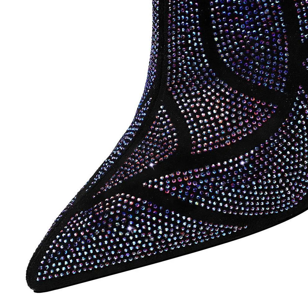 Chicvane Womens Rhinestone  Pointed Toe Metal Stiletto Heel Zipper Closure Ankle Boots