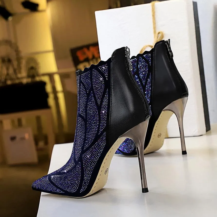 Chicvane Womens Rhinestone  Pointed Toe Metal Stiletto Heel Zipper Closure Ankle Boots