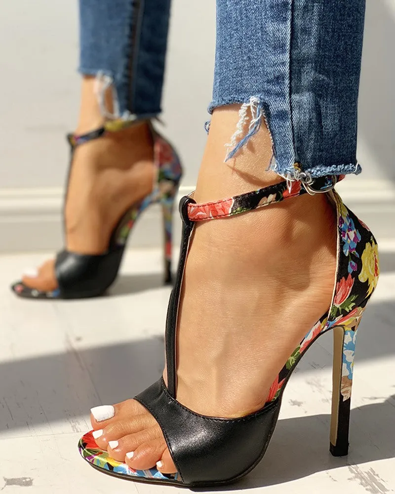 Contrast Color Floral Splicing Ankle Strap Heeled Sandals