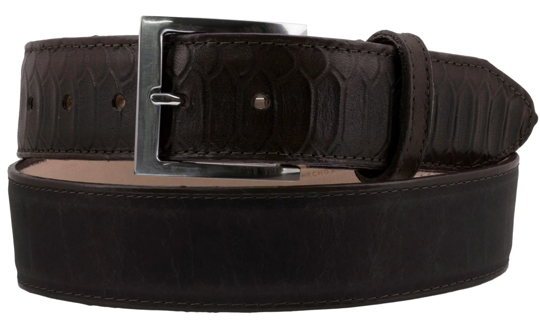 Dark Brown Western Cowboy Belt Snake Print Overlay Leather - Silver Buckle