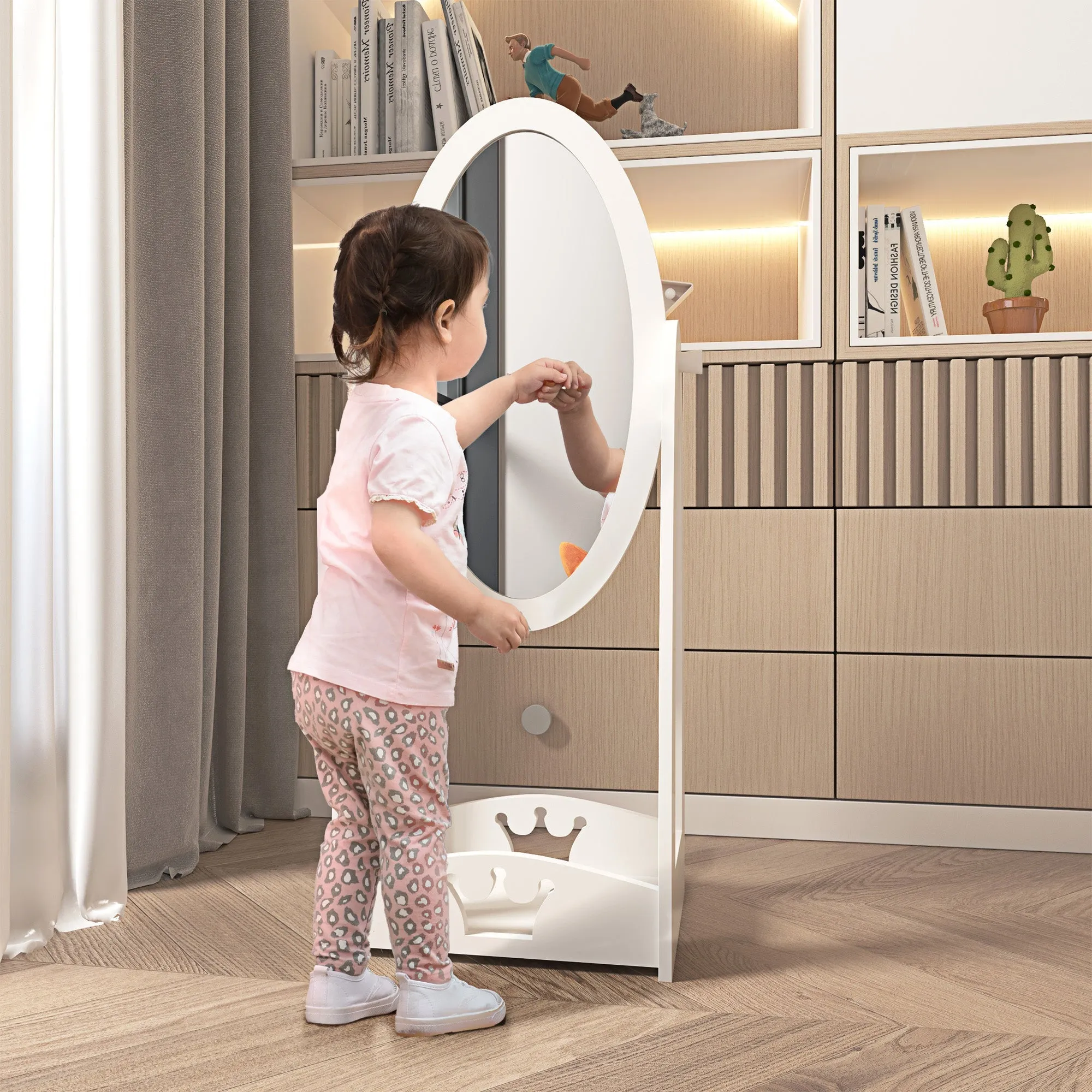 Free Standing Full Length Mirror Child's Dressing Mirror with storage shelf 360° Rotation MDF For 3- 8 Years Old 40L x 30W x 104H cm