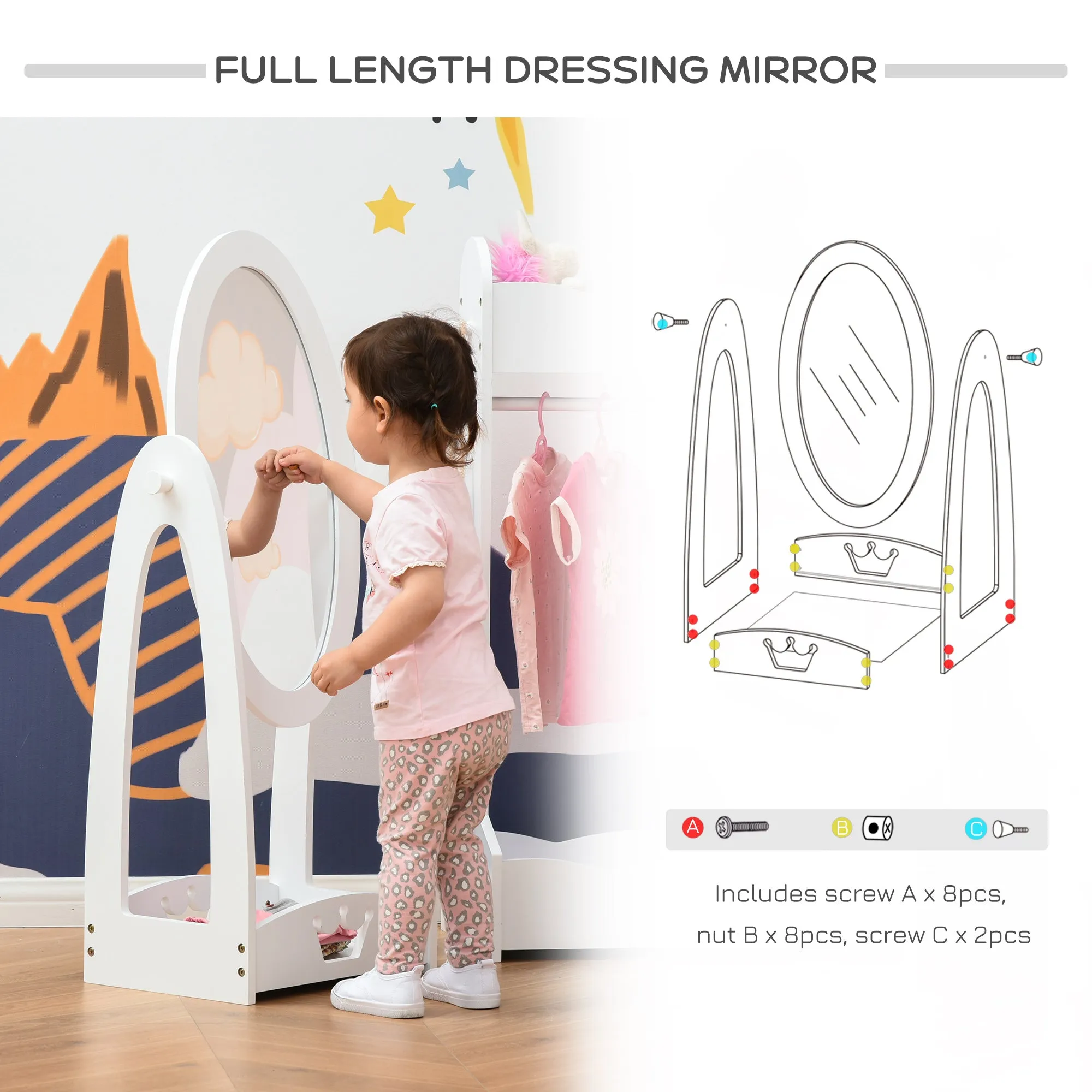 Free Standing Full Length Mirror Child's Dressing Mirror with storage shelf 360° Rotation MDF For 3- 8 Years Old 40L x 30W x 104H cm
