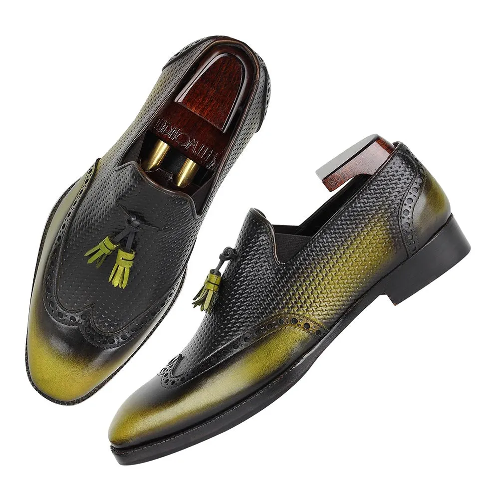Green   Blackish Mirror Glossed Patina Tassel Loafers With Braided Detail