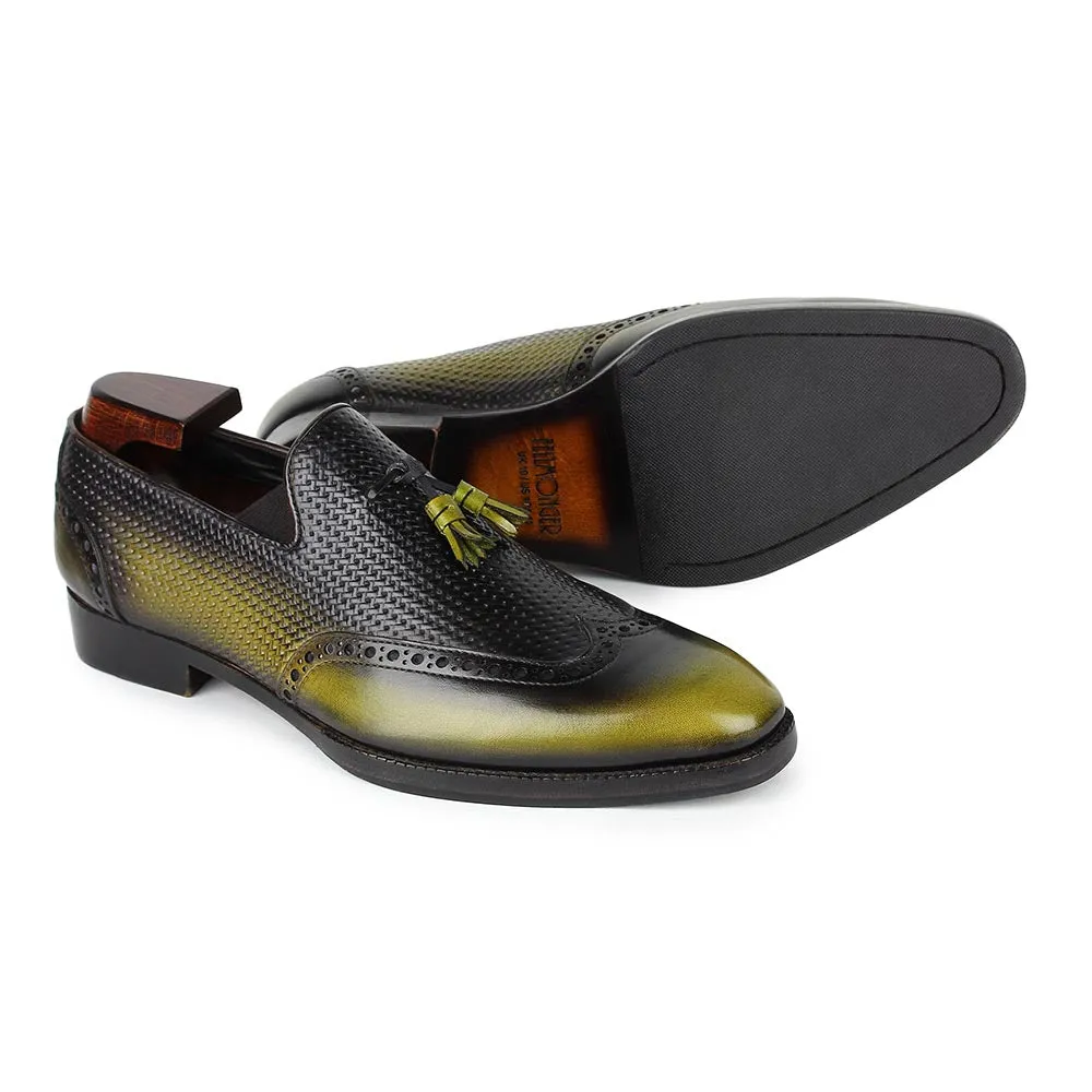 Green   Blackish Mirror Glossed Patina Tassel Loafers With Braided Detail