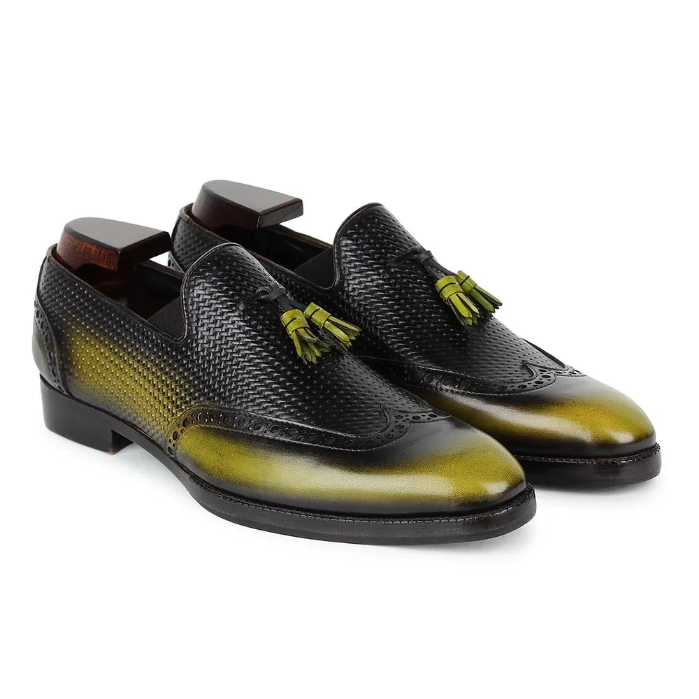 Green   Blackish Mirror Glossed Patina Tassel Loafers With Braided Detail