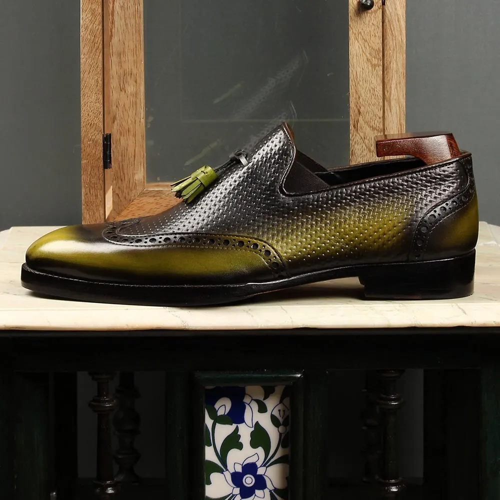 Green   Blackish Mirror Glossed Patina Tassel Loafers With Braided Detail