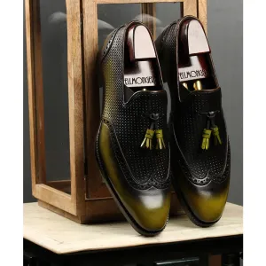 Green   Blackish Mirror Glossed Patina Tassel Loafers With Braided Detail