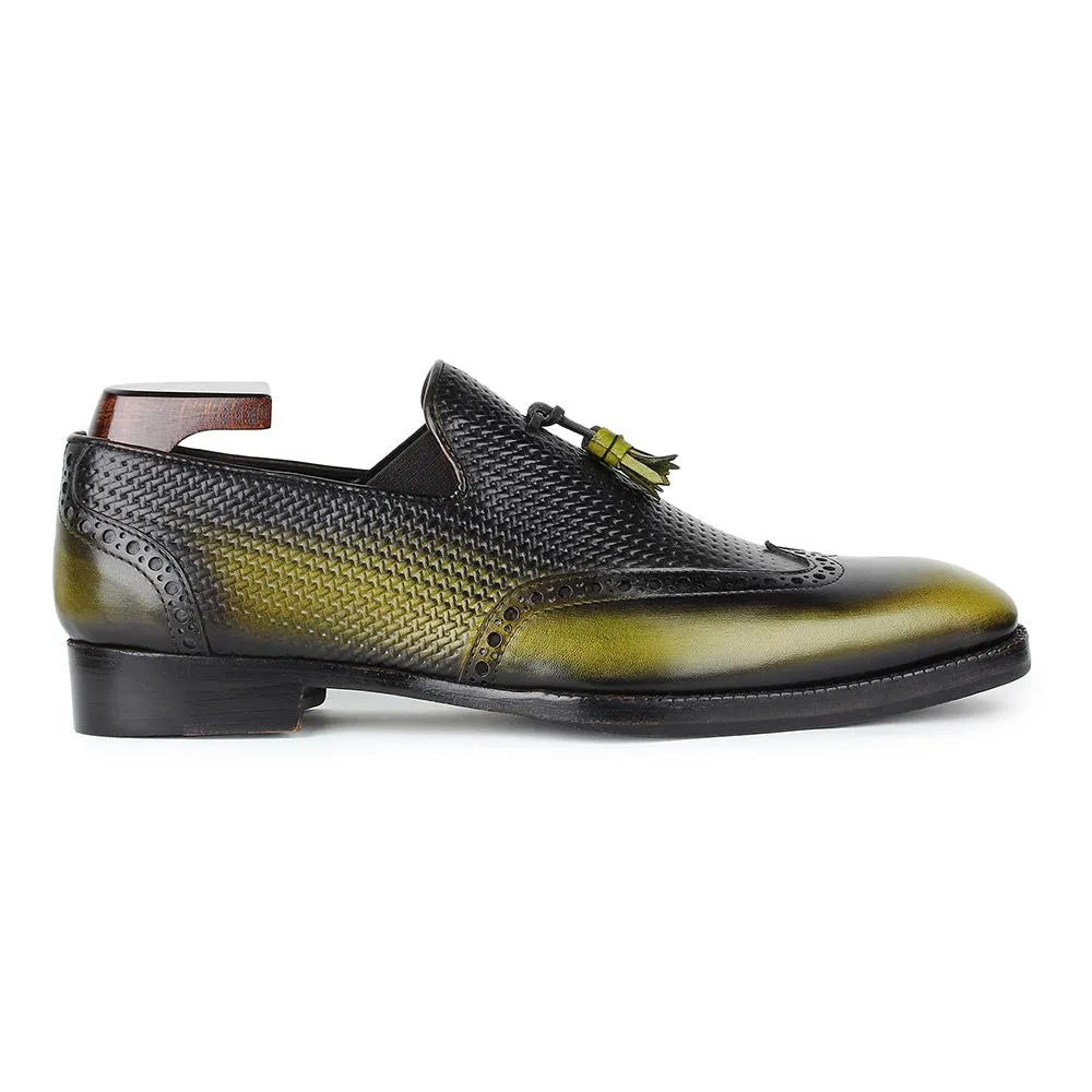 Green   Blackish Mirror Glossed Patina Tassel Loafers With Braided Detail