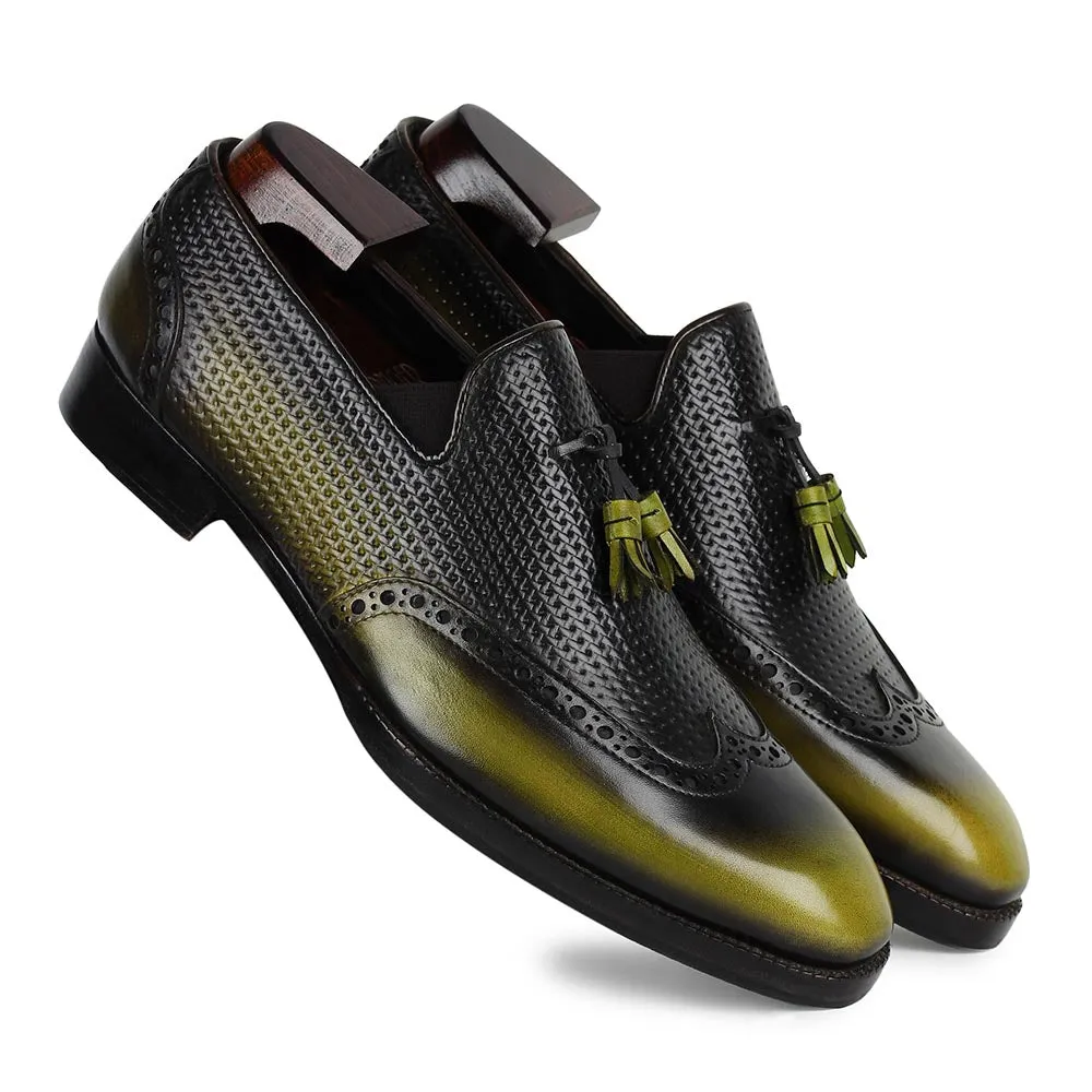 Green   Blackish Mirror Glossed Patina Tassel Loafers With Braided Detail