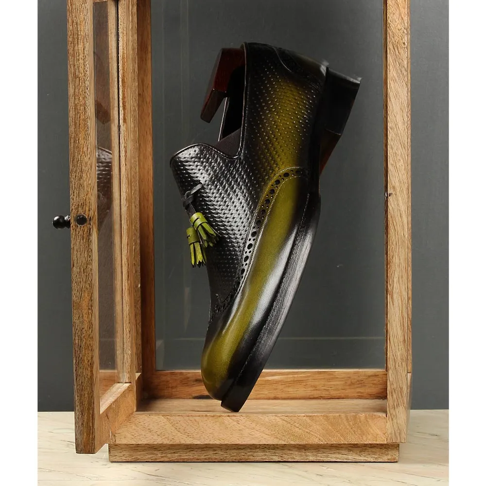 Green   Blackish Mirror Glossed Patina Tassel Loafers With Braided Detail