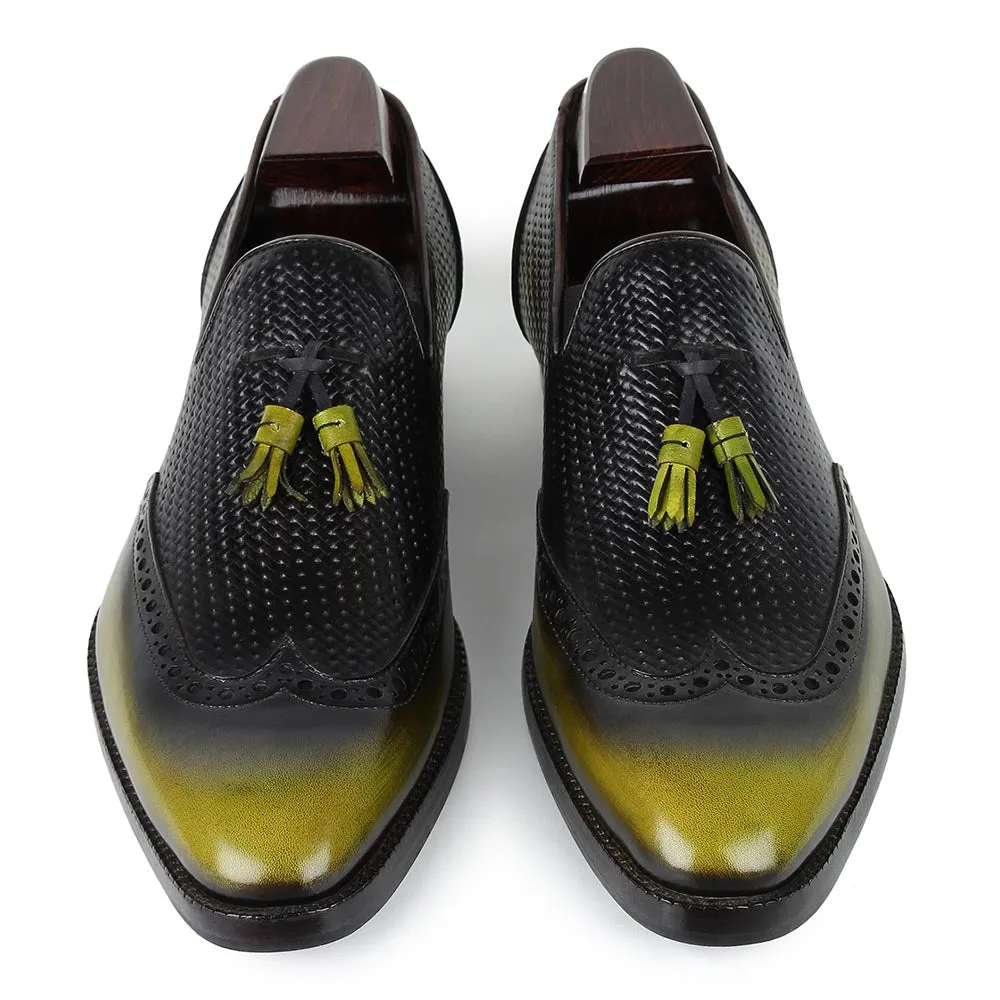 Green   Blackish Mirror Glossed Patina Tassel Loafers With Braided Detail