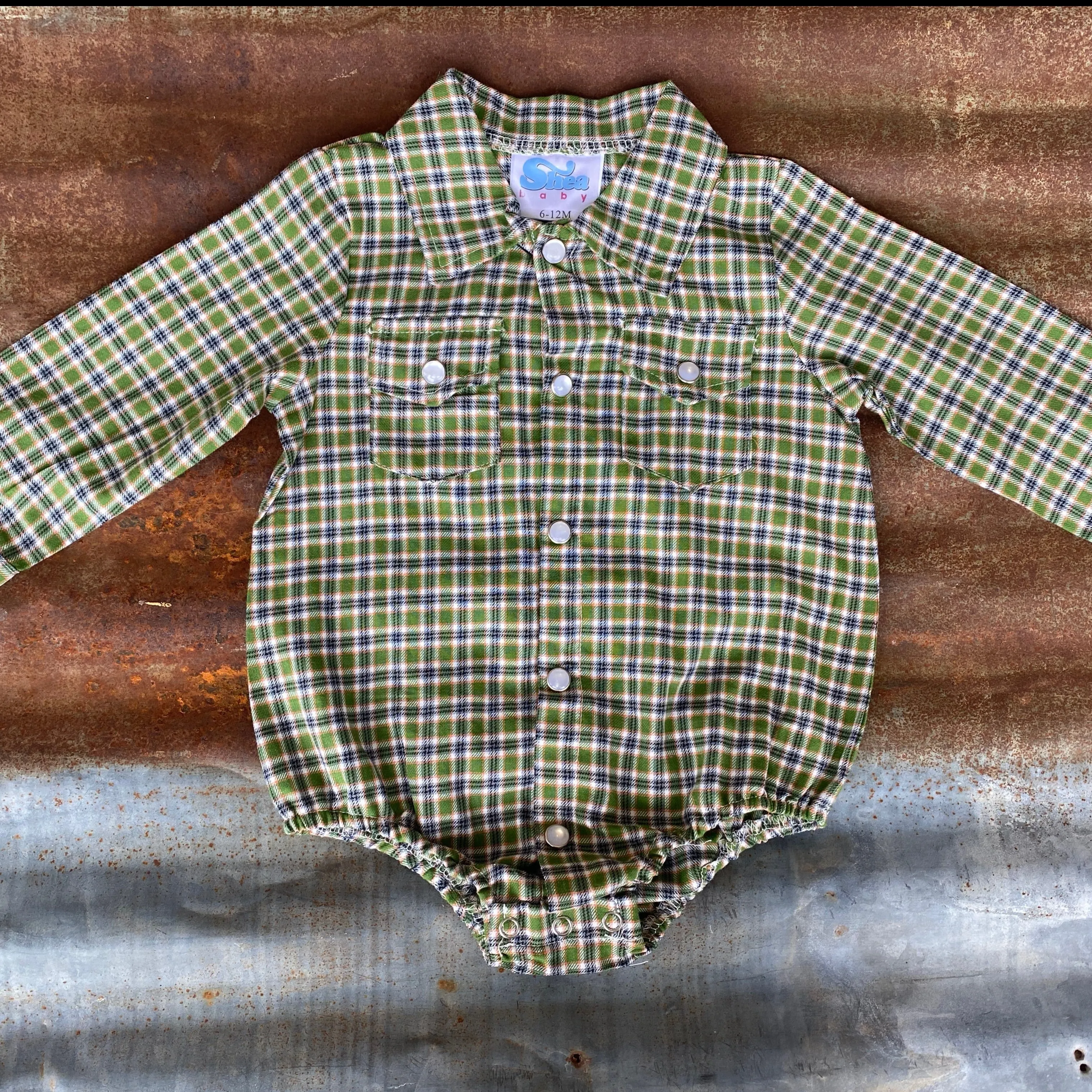 Green Plaid LS Pearl Snap Onesie Baby (0-18M)