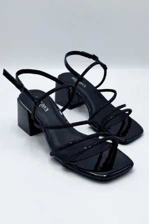 Irene Diamante Embellished 3 Strap Block Heel Sandals in Black