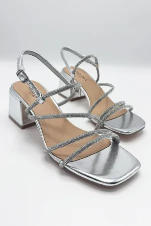 Irene Diamante Embellished 3 Strap Block Heel Sandals in Silver
