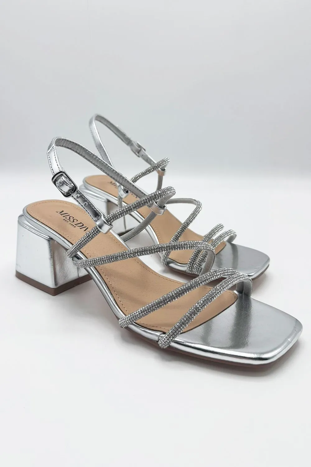 Irene Diamante Embellished 3 Strap Block Heel Sandals in Silver
