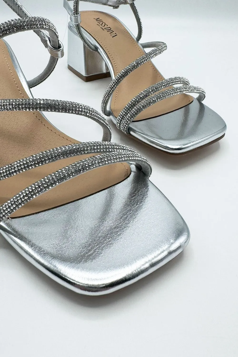 Irene Diamante Embellished 3 Strap Block Heel Sandals in Silver