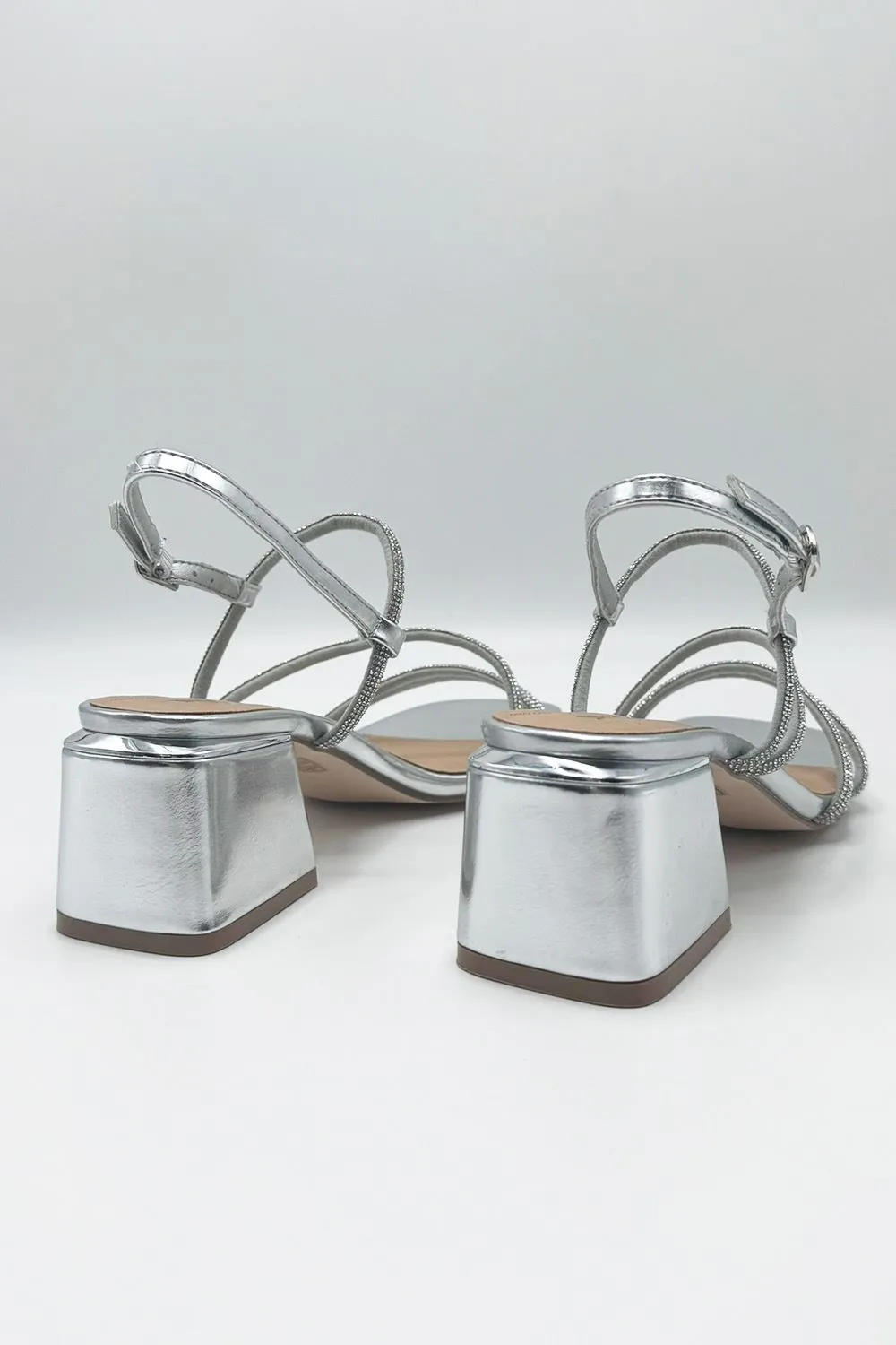 Irene Diamante Embellished 3 Strap Block Heel Sandals in Silver