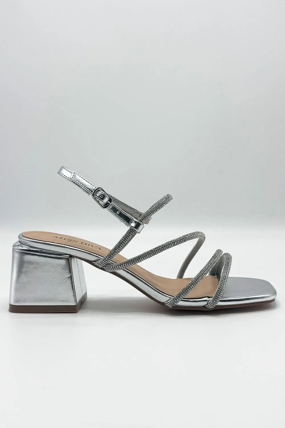 Irene Diamante Embellished 3 Strap Block Heel Sandals in Silver