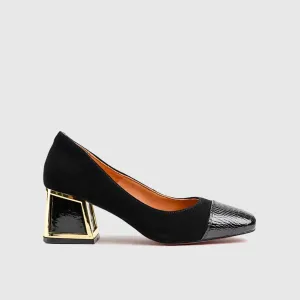 Leather Block Heel Court Black Lar014