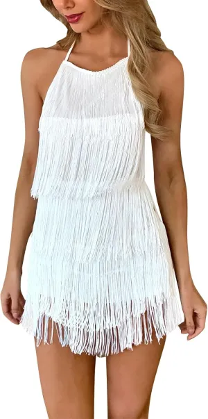 ODIZLI Sexy Backless Fringe Dress Jumpsuit - Womens Club Boho Tassel Tiered Halter Playsuit Festival Bodysuit Romper