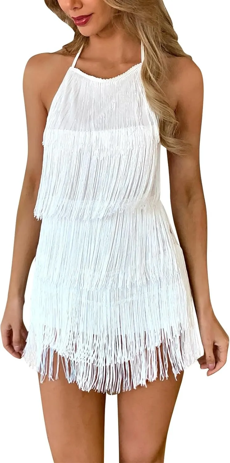 ODIZLI Sexy Backless Fringe Dress Jumpsuit - Womens Club Boho Tassel Tiered Halter Playsuit Festival Bodysuit Romper