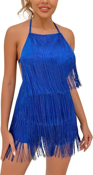 ODIZLI Sexy Backless Fringe Dress Jumpsuit - Womens Club Boho Tassel Tiered Halter Playsuit Festival Bodysuit Romper