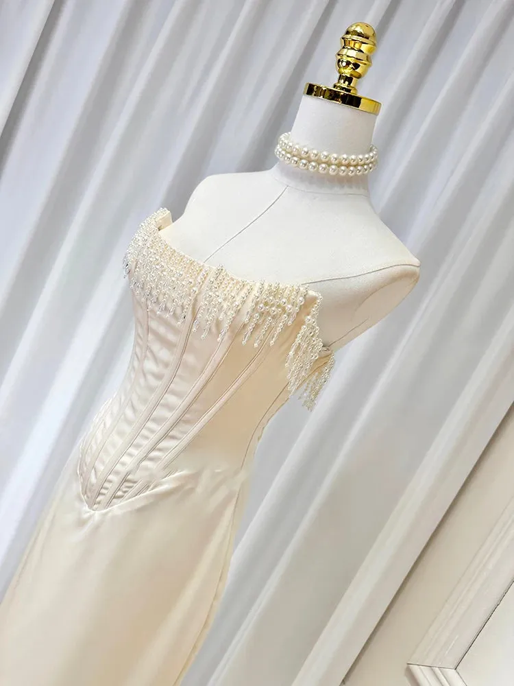 Satin Pearl Tassel Corset Tube Midi Dress