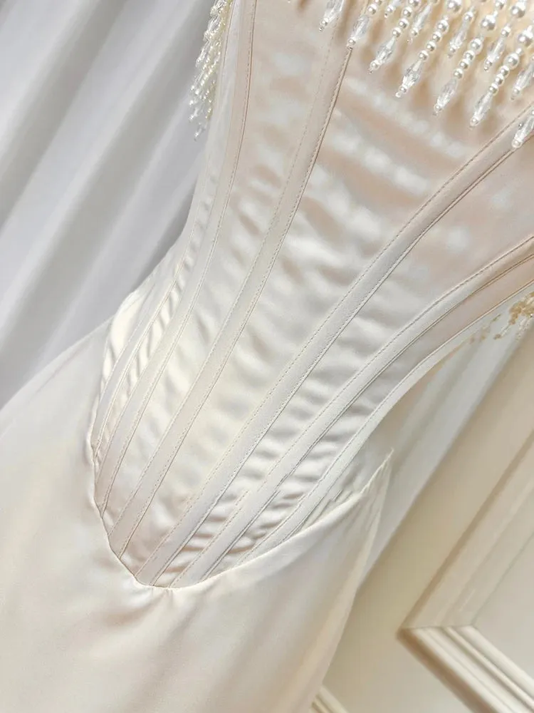 Satin Pearl Tassel Corset Tube Midi Dress
