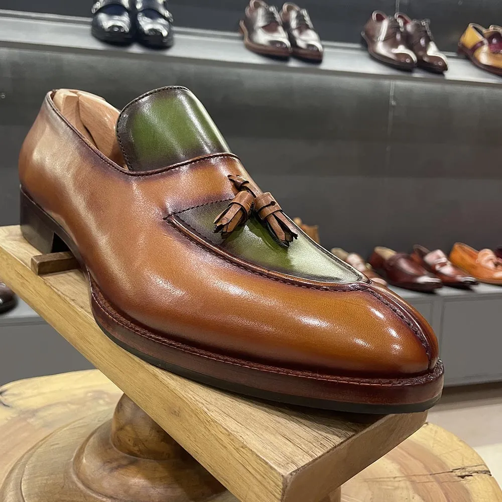 Tan   Green Patina Mirror Glossed Apron Toe Tassel Loafers