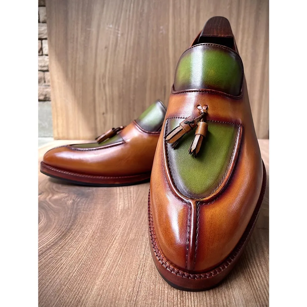 Tan   Green Patina Mirror Glossed Apron Toe Tassel Loafers